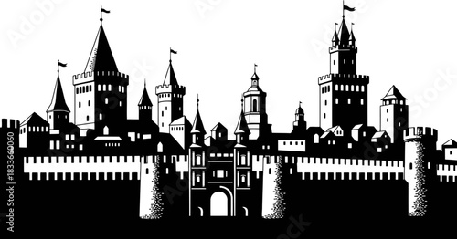 Historic european medieval castle silhouette with imposing towers fortified gates and strong fortress walls against a sky perfect for historical or fantasy designs