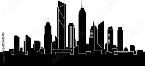 Minimalist modern cityscape silhouette showcasing clean geometric skyscraper and tower shapes presented as a solid black design on a white background