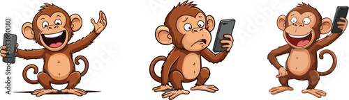 Cartoon baby monkeys using smartphones, taking selfies, funny expressions, digital device interaction, cute animal characters, modern jungle humor, mobile lifestyle.
