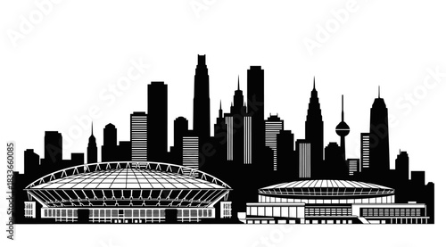 Modern city skyline silhouette featuring a prominent stadium and sports arena surrounded by diverse high rise towers ideal for urban development and event promotion banners