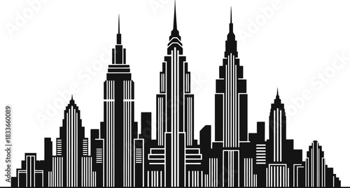 Elegant minimalist art deco city skyline silhouette featuring geometric towers with stylized architectural edges and a vintage urban aesthetic