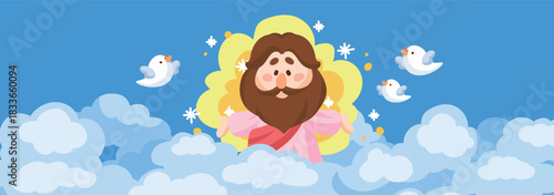 Cute Cartoon Jesus Banner Vector Simple Bright Christ Welcome with Holy Spirit Doves