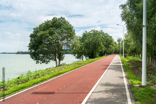 New pathway and beautiful trees track for running or walking and cycling relax in the park