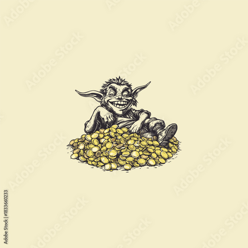 Monochrome illustration of a mischievous goblin or troll gleefully relaxing and smiling while lying on a huge pile of gold coins