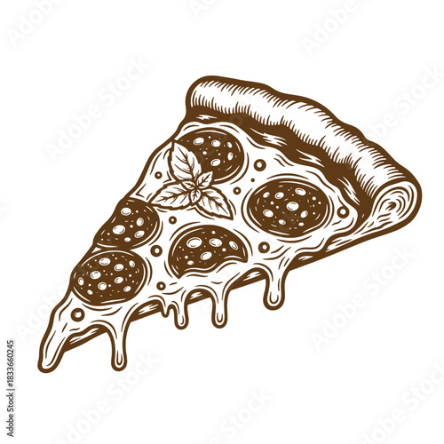 Delicious sketch vintage pizza slice with pepperoni and melting cheese isolated on white