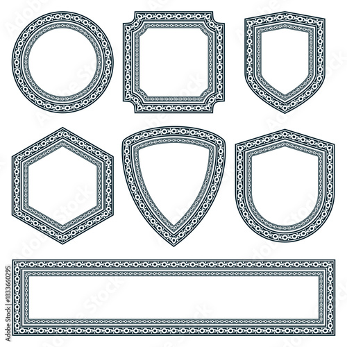Elegant black shield of chain pattern frame with metallic links forming a stylish decorative border, perfect for labels, posters, packaging, and modern design projects.