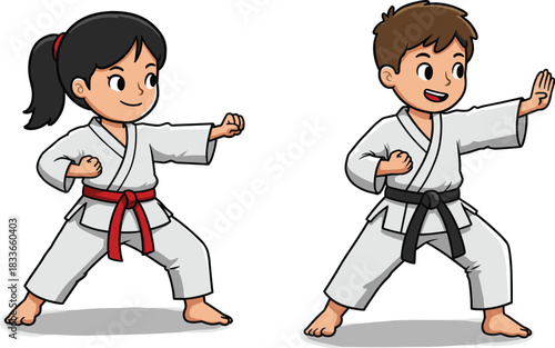 Cartoon boy and girl practicing karate, martial arts kids in action, karate uniform, black belt, red belt, white background