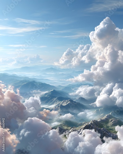 Serene Mountain Landscape with Fluffy Clouds and Blue Sky