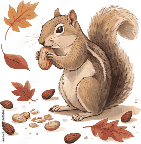 Autumn Squirrel Feast: An illustrated portrayal of a squirrel in the midst of autumn, savoring a nut amidst scattered almonds and vibrant fallen leaves.