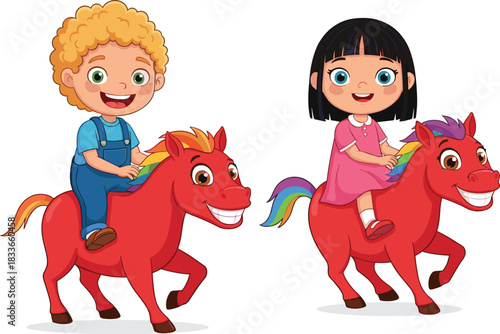 Cartoon boy and girl riding red ponies with rainbow manes, happy children, fun pony ride, colorful animal, kids adventure illustration