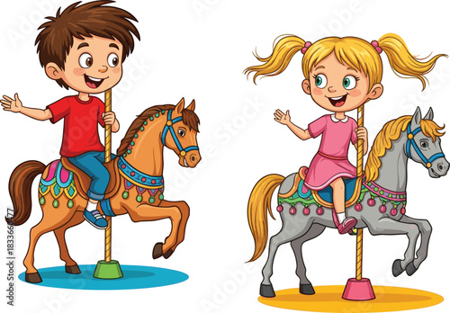Cartoon boy and girl riding carousel horses, smiling children enjoying amusement park ride, fun playful moment, colorful fairground attraction