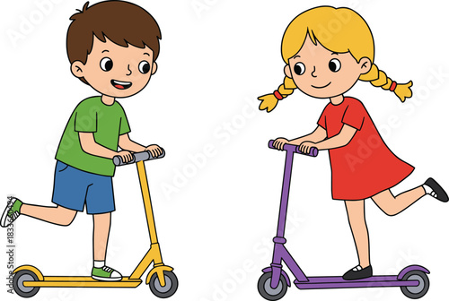 Cartoon boy and girl riding scooters, outdoor activity illustration, healthy kids playing, summer fun, sport lifestyle, children transportation concept