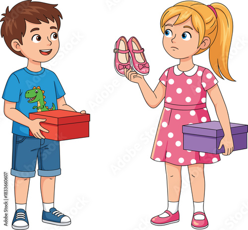WeCartoon boy and girl with shoeboxes, children shopping for shoes, playful illustration, kids interaction, retail concept, fashion, gift exchange, lifestyle