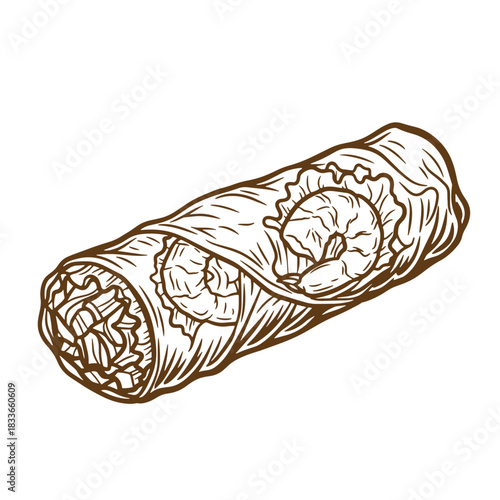 Delicious vintage sketch illustration of a shrimp wrap with lettuce and fresh ingredients