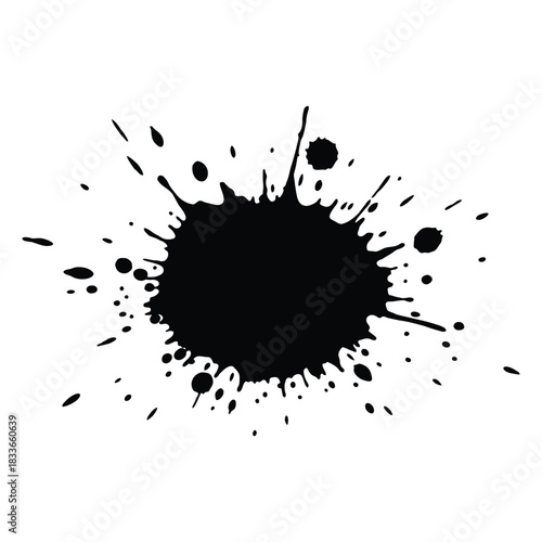 Abstract black ink blot splatters dramatically across clean white background design
