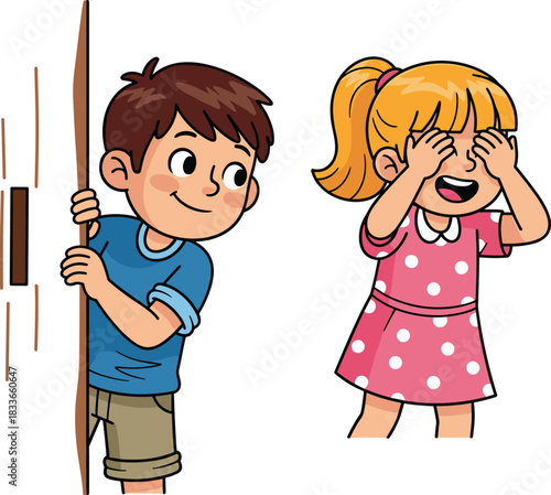 Cartoon boy hiding behind door, girl covering eyes, kids playing hide and seek indoors, fun children activity, playful moment.
