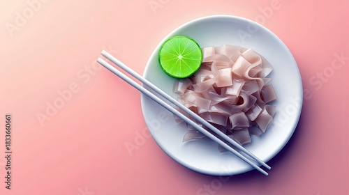 Overhead shot of a plate with noodles, lime, and chopsticks on a pink background. Minimalist food photography.