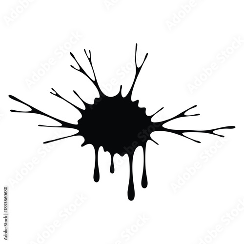 Dramatic black ink splash with drips on white background creates modern impact