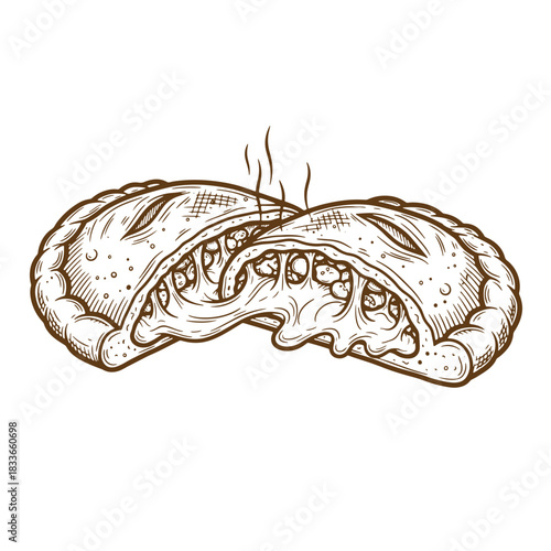 Delicious vintage sketch of a freshly baked cheese calzone with melted mozzarella on a white background