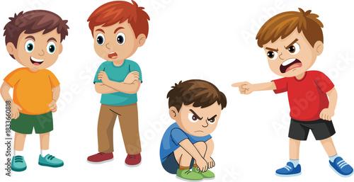 Cartoon boys showing emotions, angry child pointing, sad boy sitting, bullying, emotional expression, school conflict, kids interaction, behavior illustration