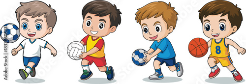 Cartoon boys playing soccer, volleyball, basketball, active kids in sports uniforms, fun children character illustration, athletic youth, team activity