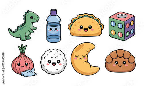 Cute Kawaii Food and Objects Collection With Happy and Sad Faces cartoon illustration