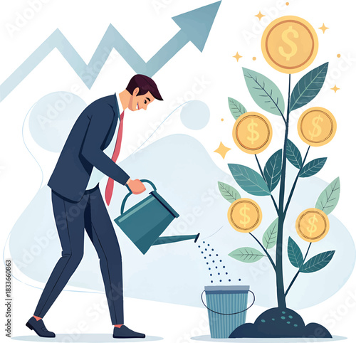 Nurturing Financial Growth: An individual meticulously waters a money tree, symbolizing the cultivation of wealth and prosperity, with a rising arrow in the background.