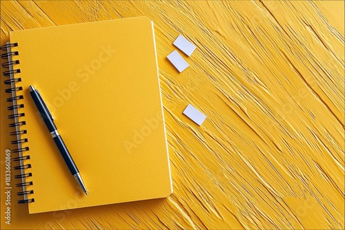A yellow notebook with a pen and sticky notes on a textured yellow surface, shot from above.