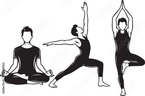 Three Men Silhouettes in Yoga Poses Meditative Warrior Tree