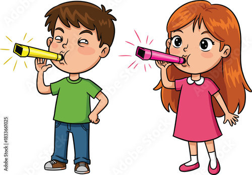 Cartoon children blowing party horns, festive kids illustration, celebration concept, colorful characters, birthday fun, cheerful moment, playful design, holiday happiness