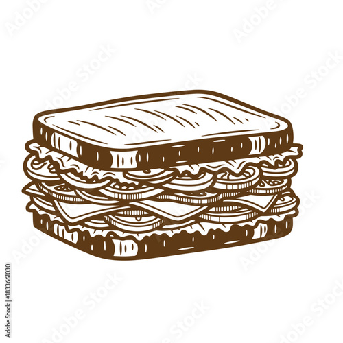 Delicious vintage sketch of a multi-layered sandwich filled with fresh ingredients