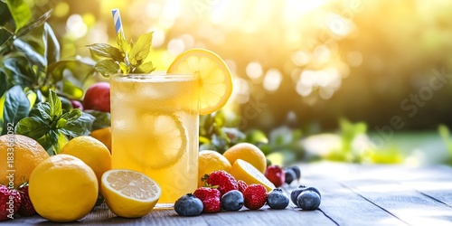 Fototapeta Naklejka Na Ścianę i Meble -  Refreshing lemonade with fresh fruits on a wooden table