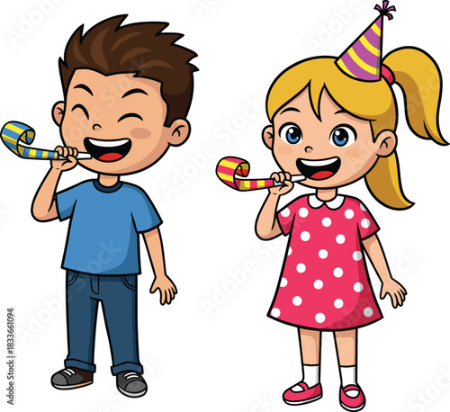 Cartoon children celebrating, party horn, birthday fun, festive mood, colorful outfits, cheerful kids, happy moment, joyful event, playful scene, celebration time