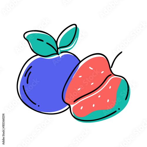 Fruitful Duo: A delightful illustration showcases a ripe strawberry and a juicy plum, bursting with vibrant color and freshness.