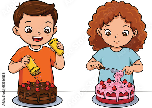 Cartoon children decorating cakes, chocolate frosting, pink icing, creative activity, birthday fun, culinary skills, cheerful moment, dessert art, celebration, joy
