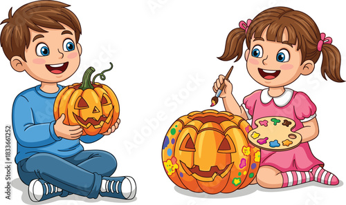 Cartoon children decorating pumpkins, Halloween activity, painting carved faces, autumn fun, festive creativity, outdoor playtime, colorful designs, seasonal celebration, joyful expression