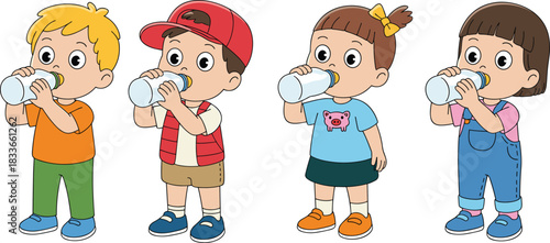 Cartoon children drinking milk from bottles, healthy kids lifestyle, nutrition for toddlers, cute happy kids enjoying drink, colorful illustration