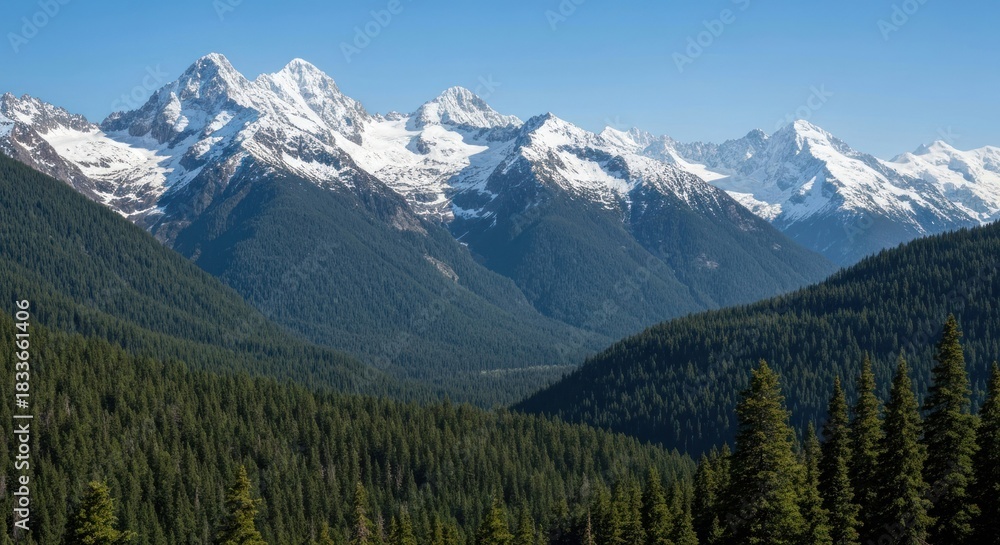 Fototapeta premium Snow-capped peaks rise above a lush valley