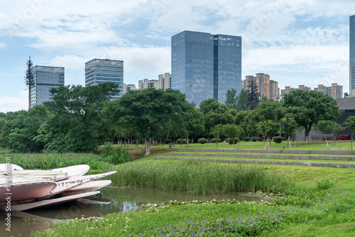 spring park and modern city