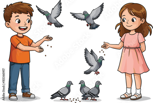 Cartoon children feeding pigeons, smiling boy and girl, outdoor activity, birdseed, flying birds, cheerful moment, animal care, fun, playful, educational, nature