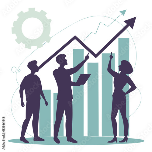 Ascension and Collaboration:  A collaborative group charting success, analyzing data, and navigating future business growth,  under a banner of progress. 