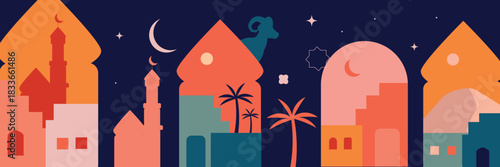 Ramadan kareem color banner. Islamic greeting card for web design. Vector illustration