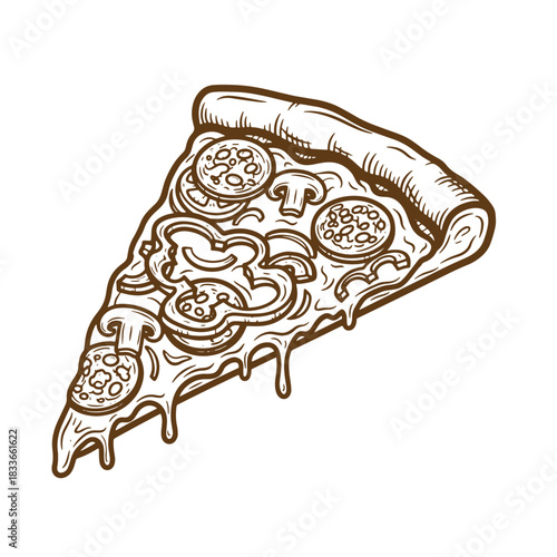 Detailed sketch vintage illustration of a delicious pizza slice with toppings isolated