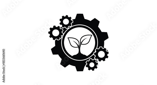 Intertwined gears surrounding a sprouting plant symbolizing growth and industrial ecology a silhouette