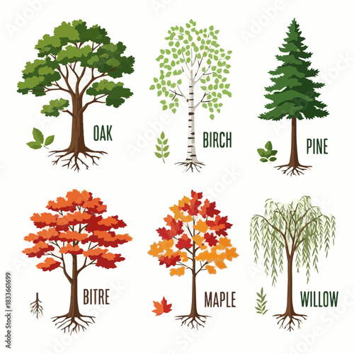 Illustration of various tree types oak, birch, pine, bitre, maple, and willow, in a natural setting