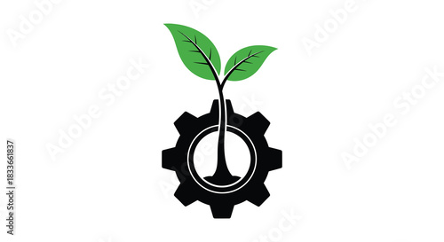 A budding plant growing from a gear representing nature and technology integration silhouette