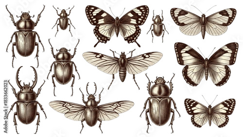 Assortment of meticulously illustrated insects including butterflies, beetles, and moths