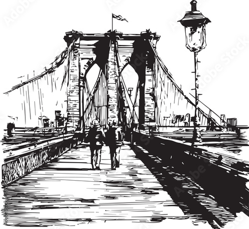 Brooklyn Bridge Ink Sketch: Illustrative artwork captures the majestic architecture of a iconic suspension bridge, depicting the bridge with pedestrian figures traversing the pathway.