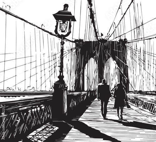 Urban Stroll: A stylized sketch of a couple strolling along a majestic suspension bridge. The intricate details of the bridge contrast with the simplicity of the figures, creating a visual narrative.