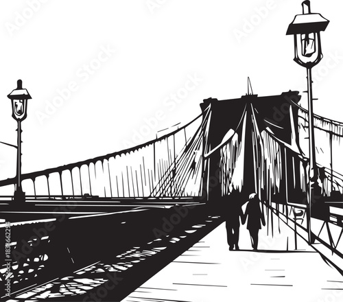 Urban Bridge Silhouette: A captivating black and white depiction of an iconic suspension bridge, showcasing the architectural brilliance. Two individuals stroll leisurely across its span.